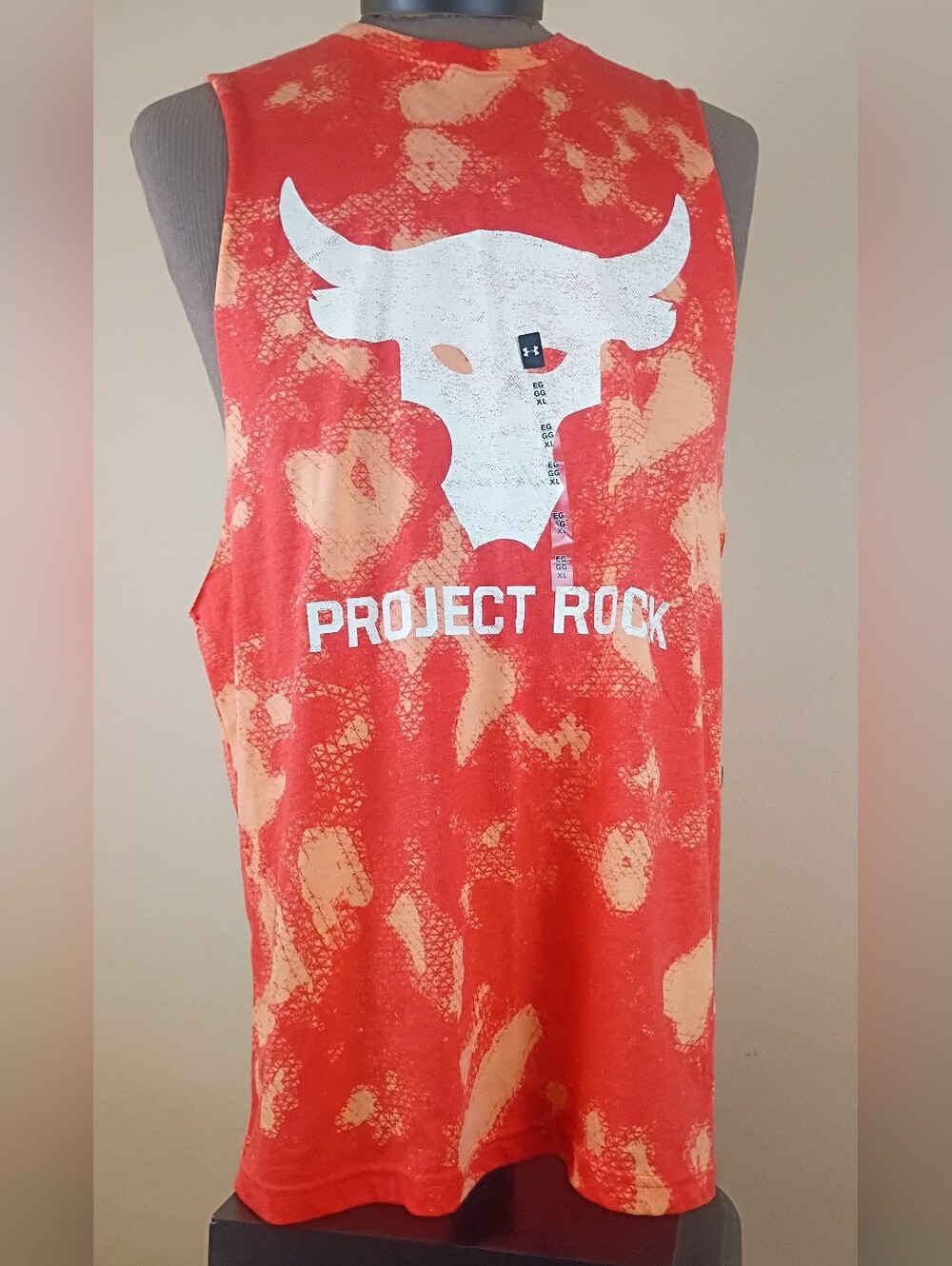 Under Armour Project Rock Bull Graphic Sleeveless Tank Top Orange Red Tye Dye-XL